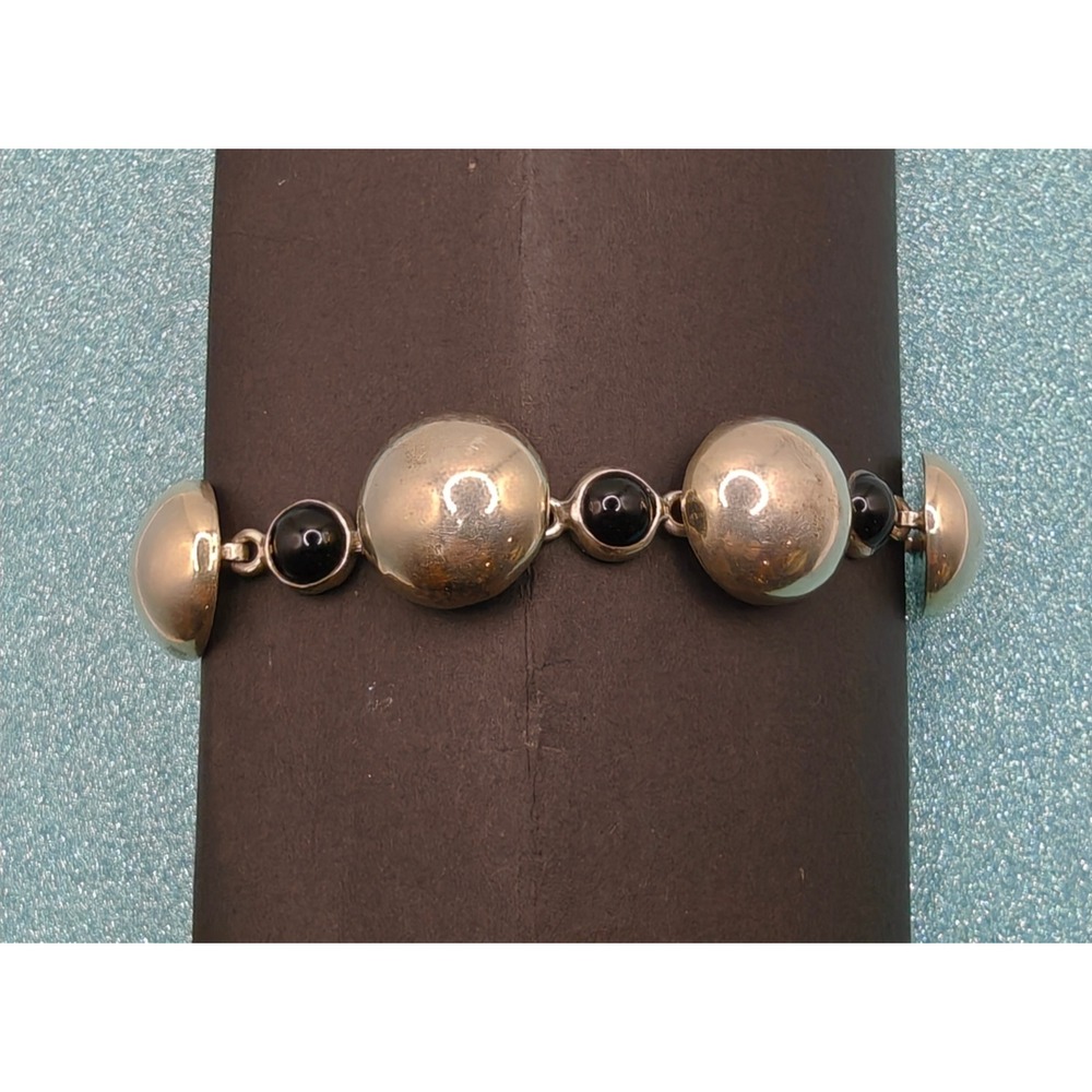 Taxco Mexican SS Onyx Beaded Toggle‎ Bracelet 28.7g Art Deco Inspired.Signed